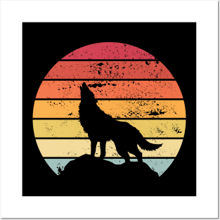 retro wolf howling at the full moon Posters and Art